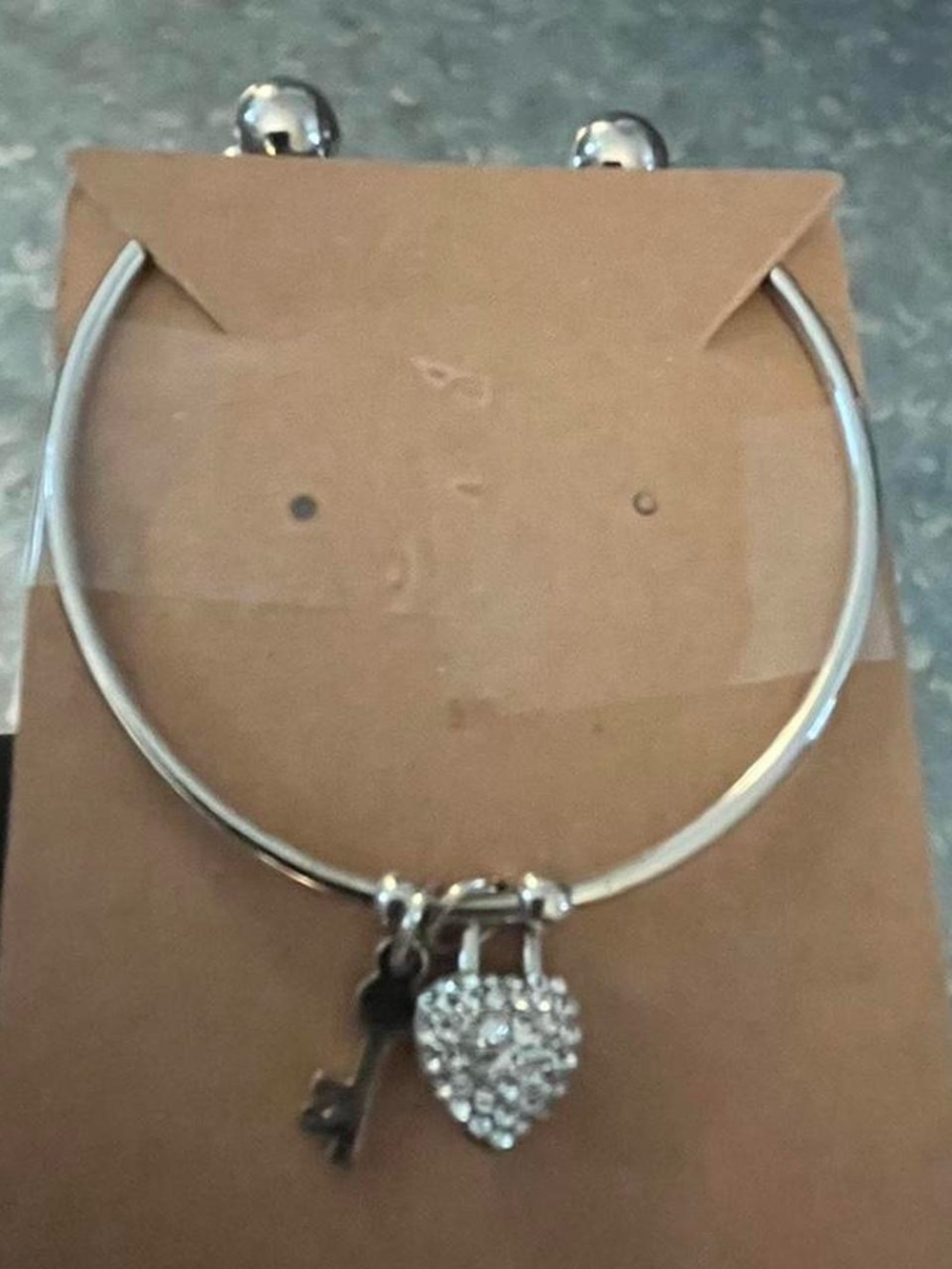 White Gold Filled Heart Lock & Key Charm Bangle Bracelet - Women Jewelry